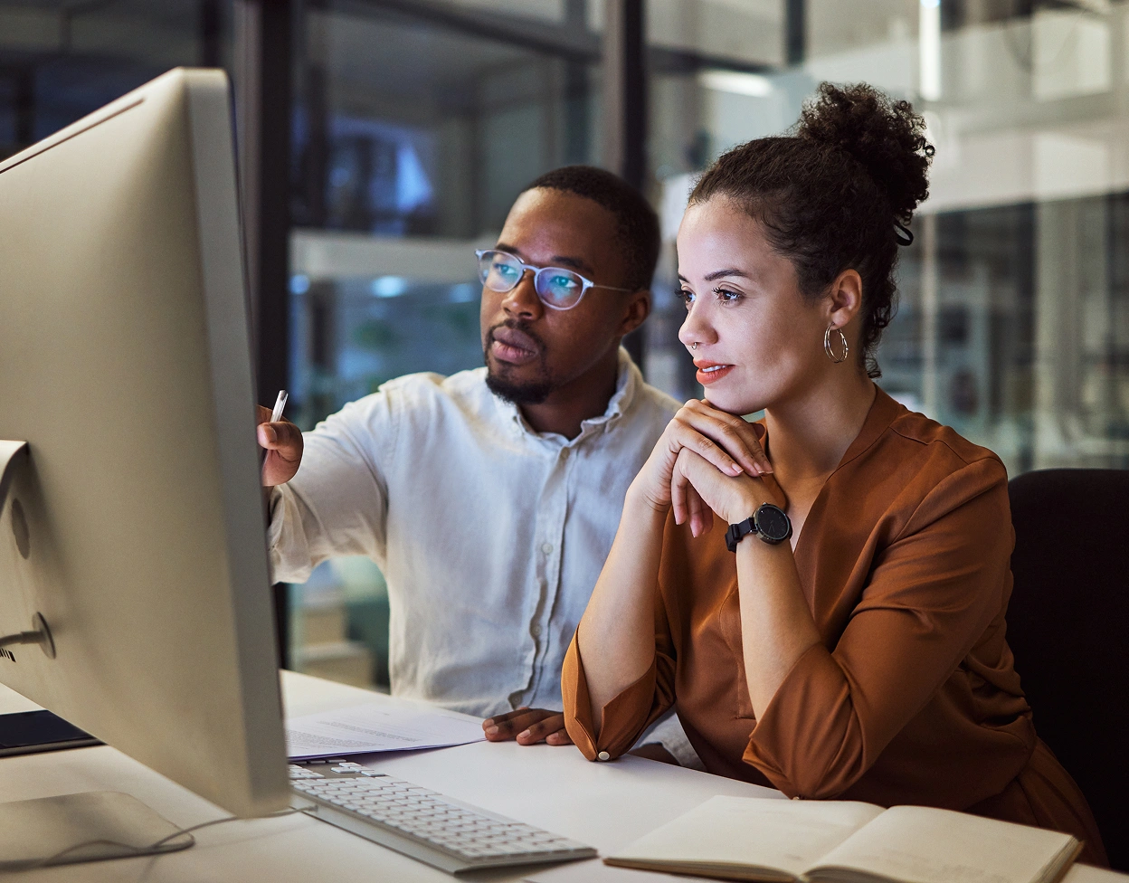 A couple looks at a computer monitor